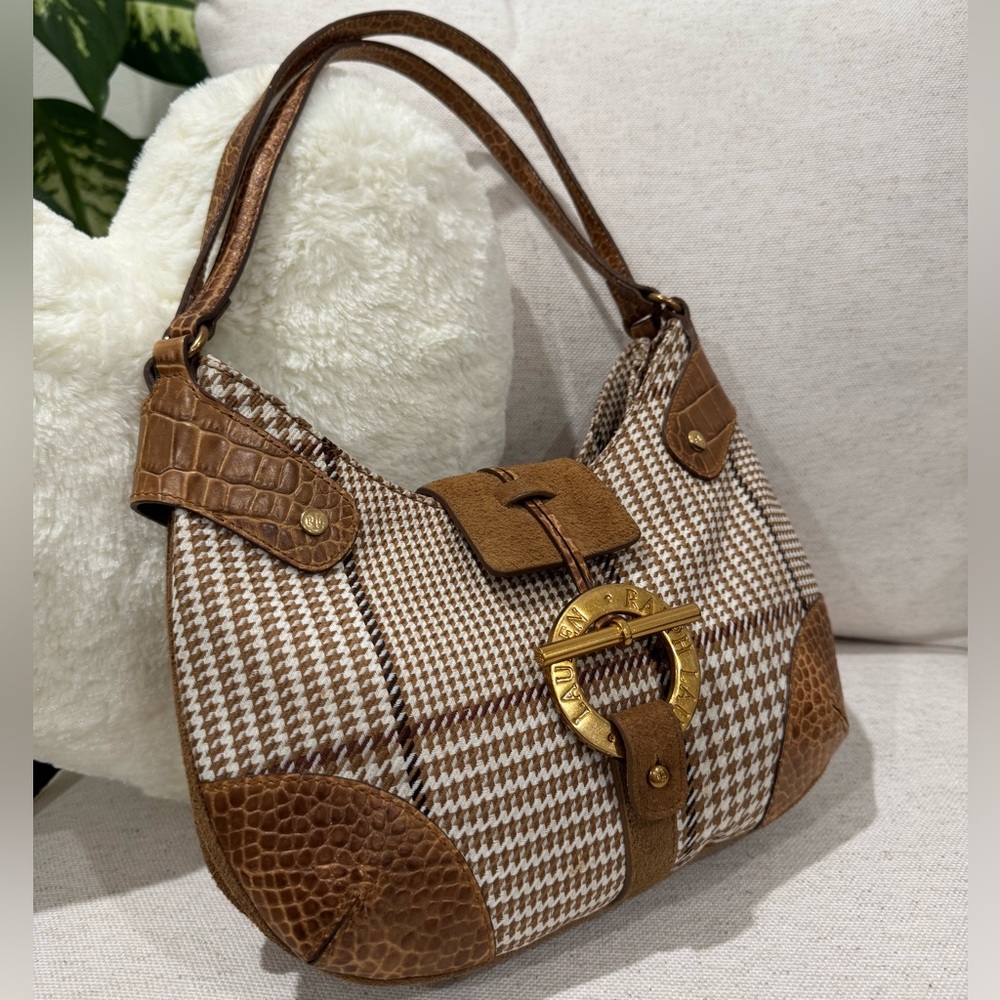 ‼️SOLD‼️Ralph Lauren Houndstooth Neutral Croc Leather Toggle Lock Hobo Bag Purse - Picture 2 of 16